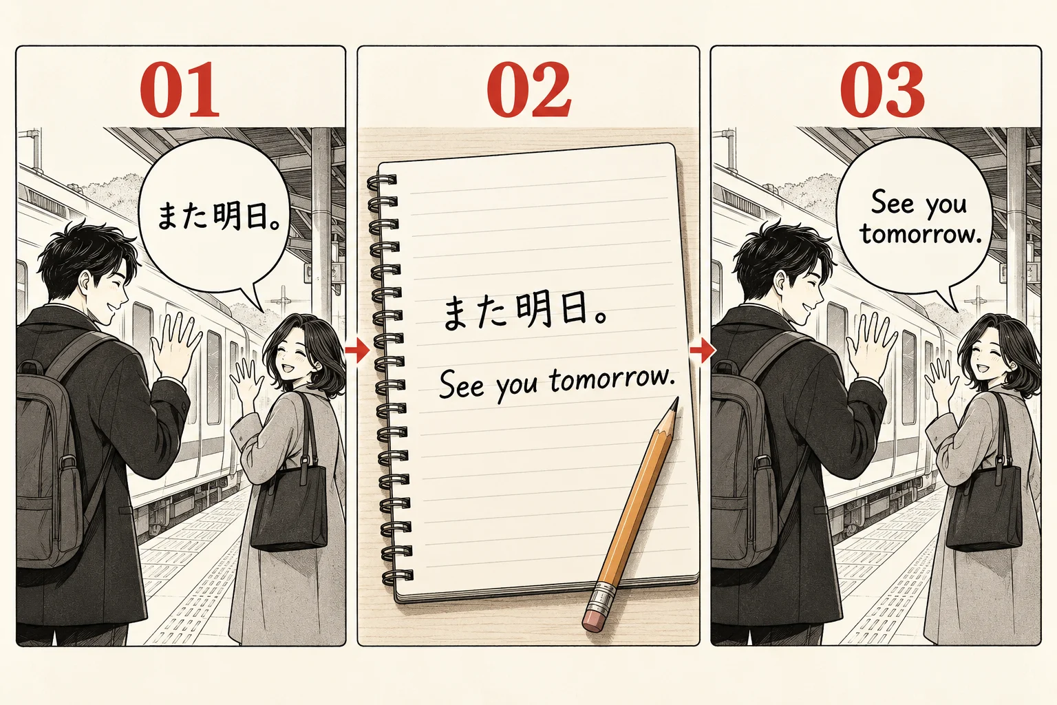 Three illustrated stages: a Japanese manga bubble, a handwritten translation draft, and the same scene with English lettering