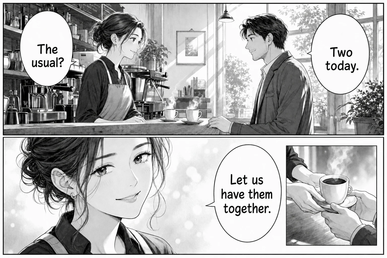 The same wide manga cafe scene with English dialogue