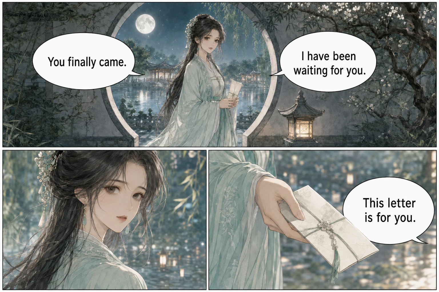 The same color comic page with English dialogue