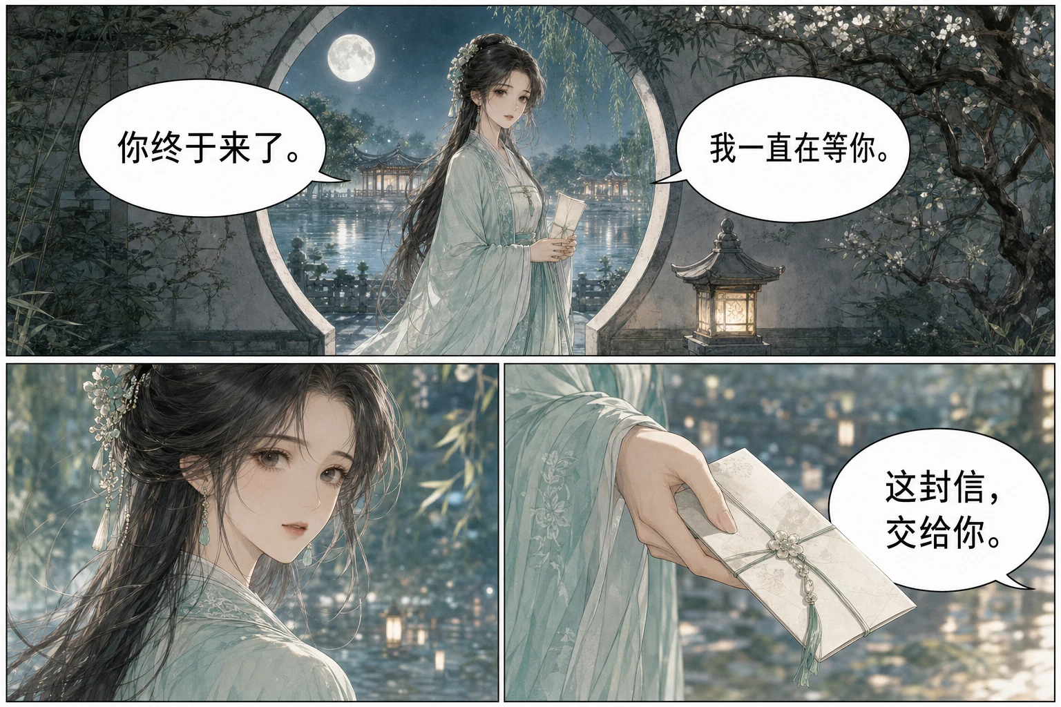 Original color comic page with Chinese dialogue in a moonlit garden