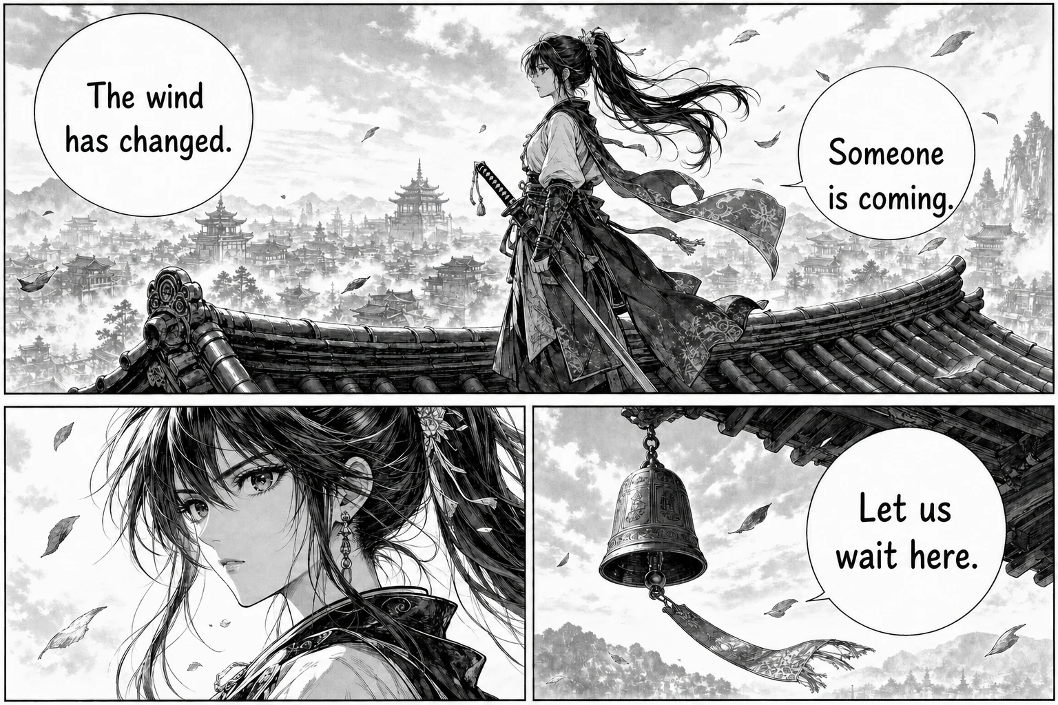 The same wide manga page with English dialogue